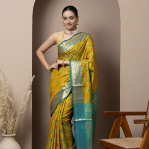 Mustard Yellow with contrasting Teal Blue accents