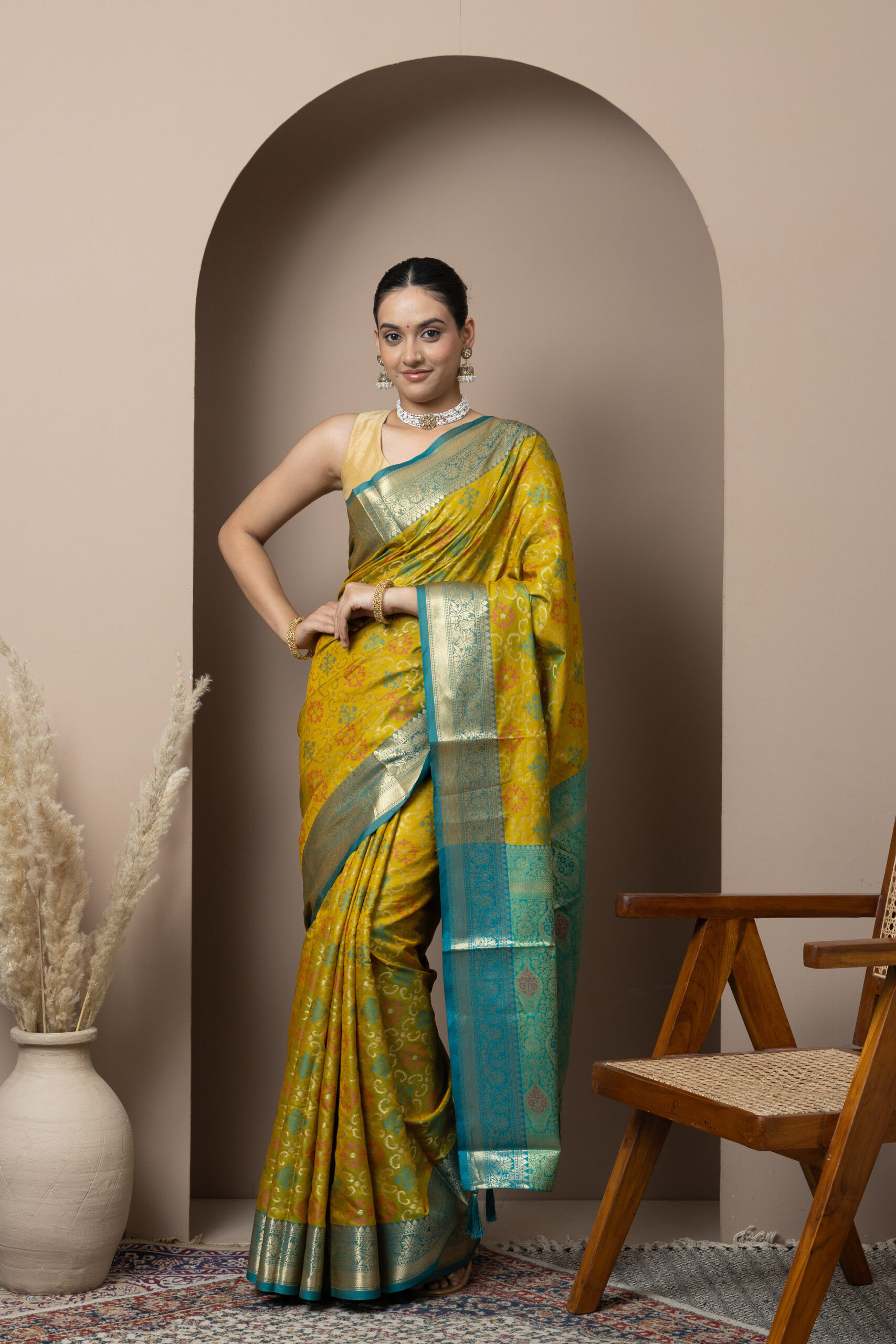 Mustard Yellow with contrasting Teal Blue accents