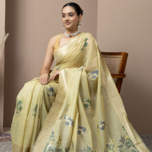 Soft Pastel Yellow with subtle green floral accents