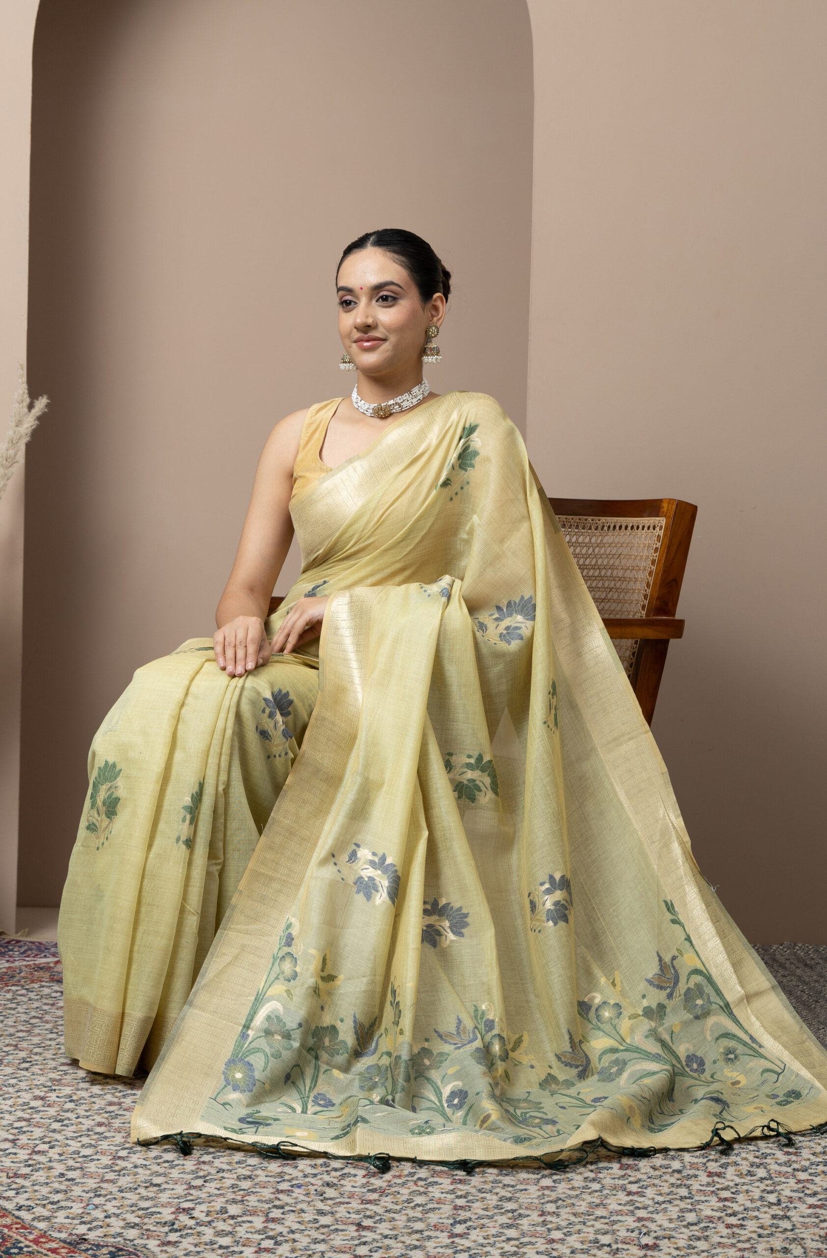 Soft Pastel Yellow with subtle green floral accents