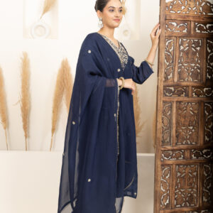 Deep Navy Blue with subtle gold embroidery