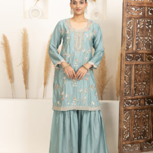 Soft Teal Green with delicate multicolour embroidery